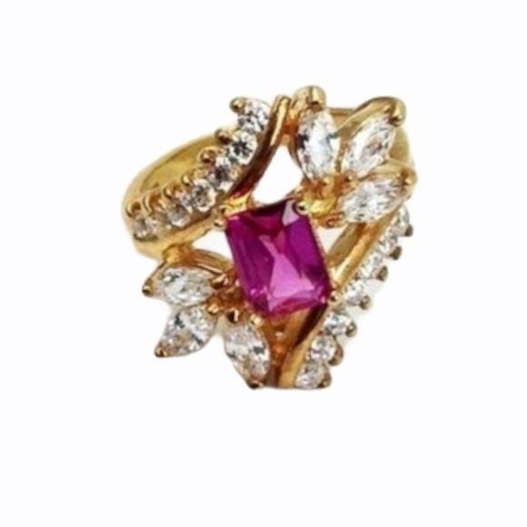 Pink Tourmaline & White Sapphire Gem Stone Ring Set in 925 Sterling Silver